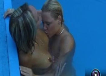 Outdoor threesome lesbian sex at the pool with Mary, Juli and Nelli