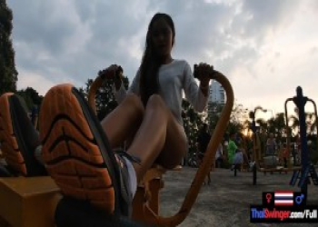Asian teen girlfriend works out in an outdoor gym and sucks at home